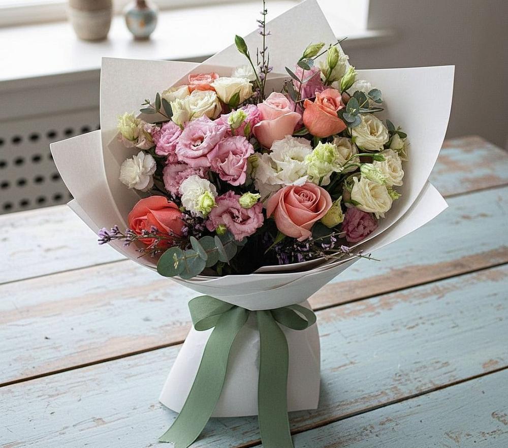Букет цветов из: Розы, Лизиантусы и Гвоздики в Молоди