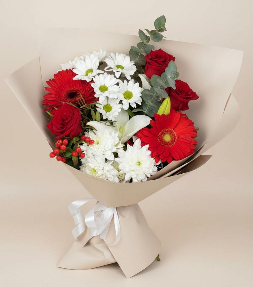 Букет цветов из: Розы, Хризантемы, Герберы и Лилии в Молоди