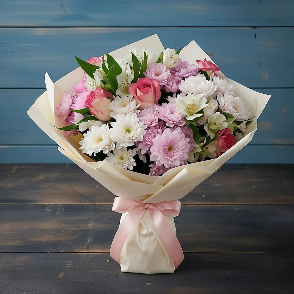 Букет цветов из: Хризантемы, Альстромерии и Розы в Молоди